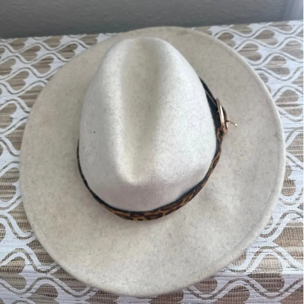 Altar'd State 100% Wool Hat with Leopard Print Buckle Detail with Gold Hardware